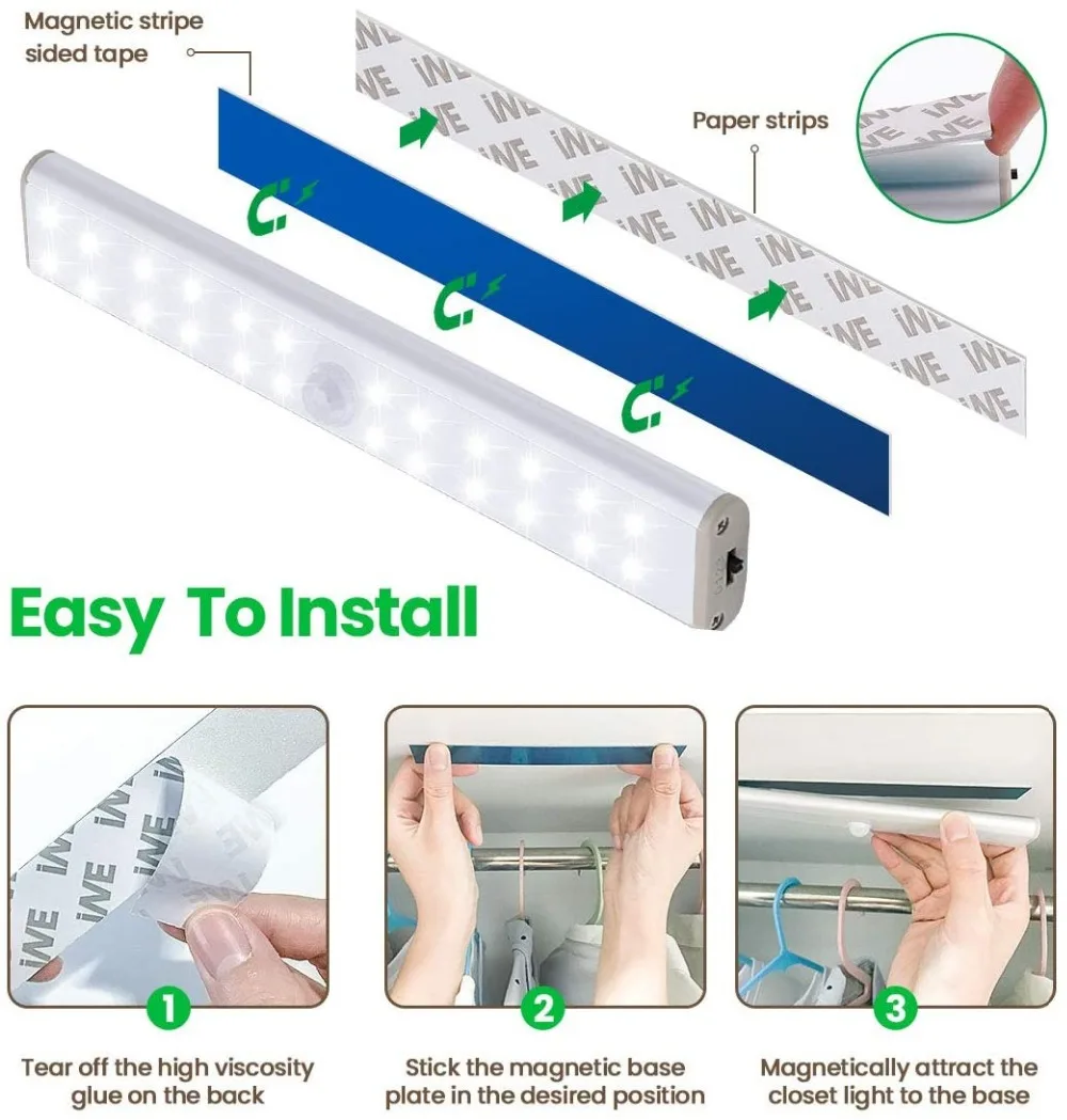 Imagem -06 - Led Motion Sensor Cloconjunto Light Magnético Night Lamp para Cozinha Escadas Roupeiro Armário sob o Gabinete 10 24 40 60 Leds