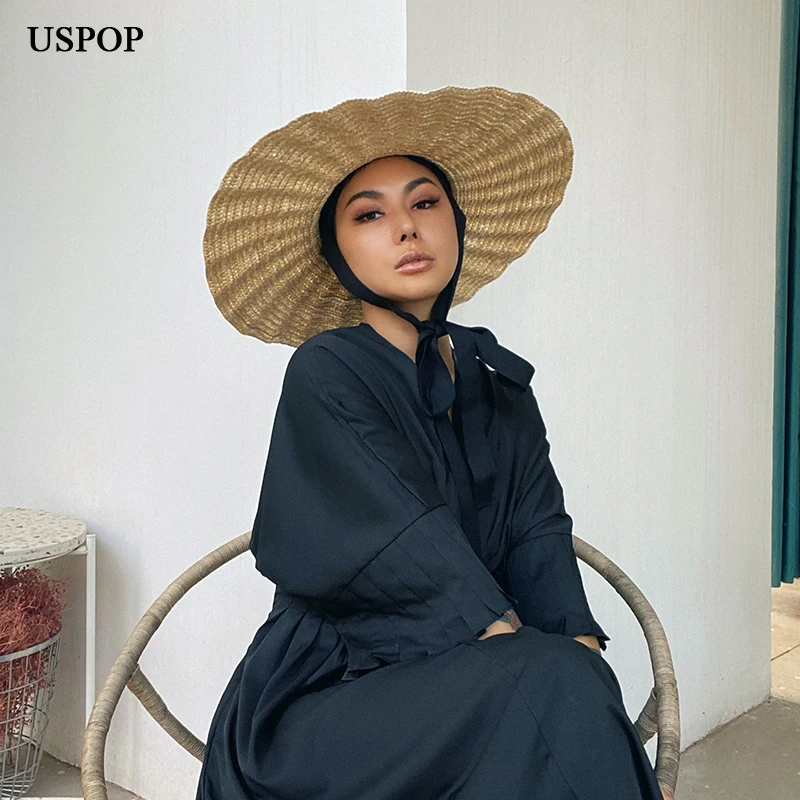 USPOP  large wave brim straw hats women lace-up beach hats long ribbon natural wheat straw hats