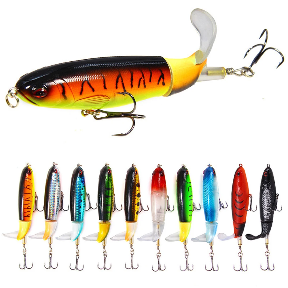 

10pcs Whopper Plopper 10cm13g 11cm15g 14cm35g Floating Popper Fishing Lure Artificial Hard Bait Rotating Tail Fishing 3D Eyes