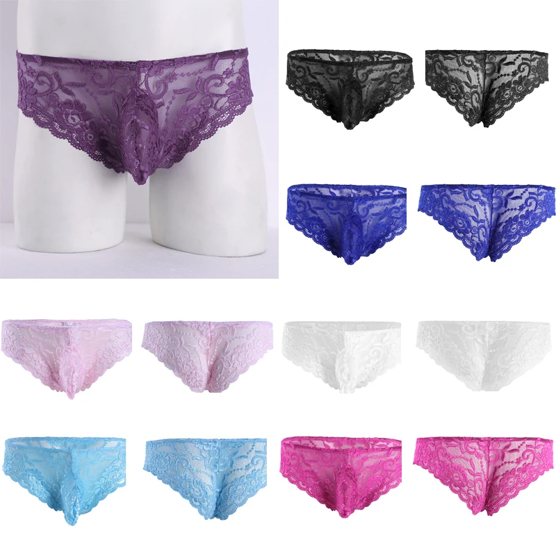 Sexy Mens Floral Lace Briefs Gay Male Sissy Sheer See-Though Lingerie Jockstrap Bulge Pouch G-string Underwear Underpants