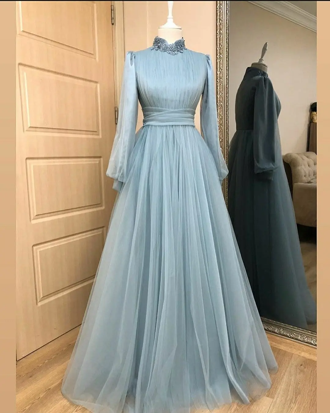 Light Blue Tulle Long Sleeve Prom Dresses 2022 High Neck Appliques Formal Evening Party Gowns Saudi Arabia Muslim Robe