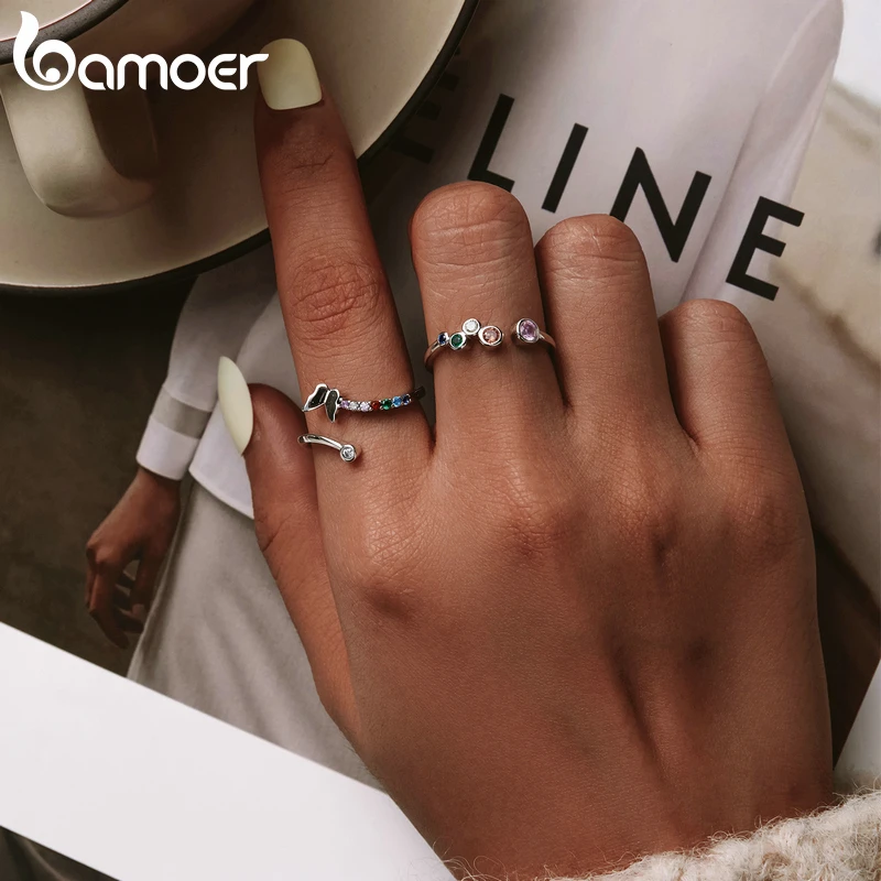 bamoer Sterling Silver 925 Signet Ring Colorful Bubbles Open Finger Rings for Women Free Size Korean Style Jewelry BSR149