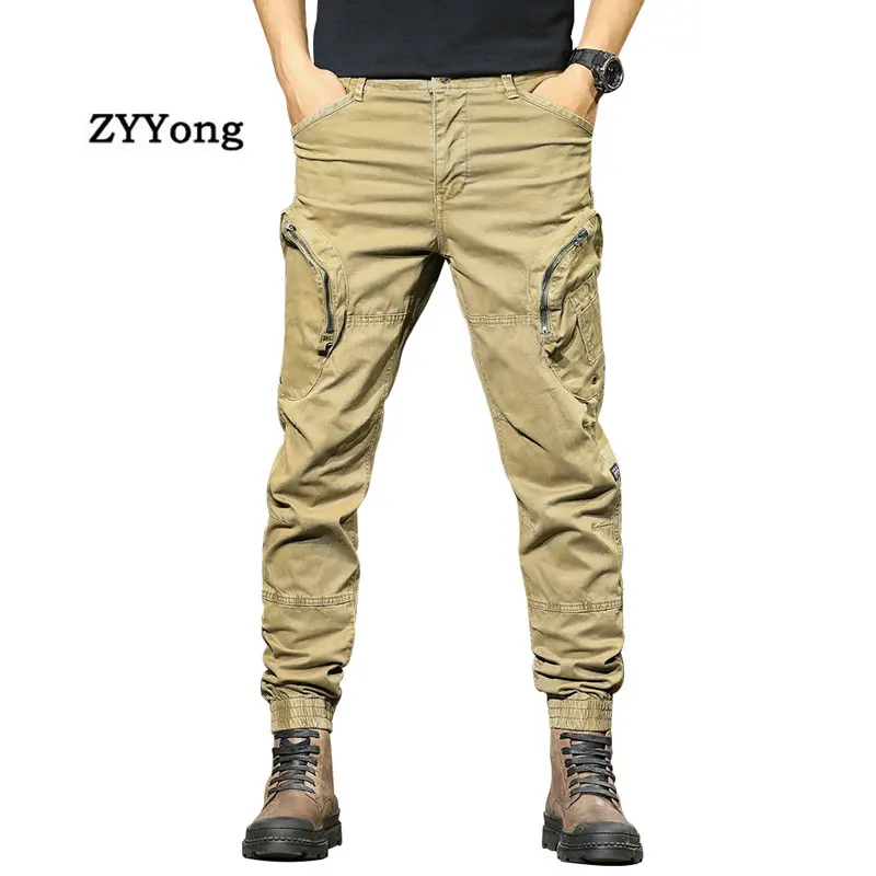 Men Cargo Pants Cotton Zipper Pocket Little Feet Overalls Military Casual Outdoor On Foot Slim Wear-Resistant Khaki Trousers