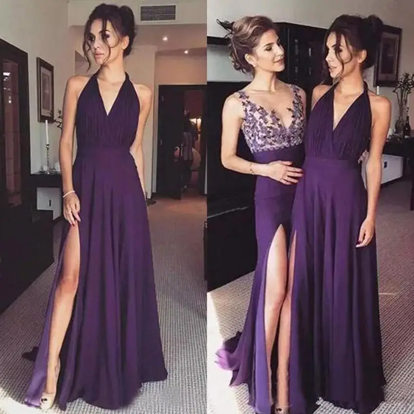 Sexy roxo lado dividir chiffon halter sheer v pescoço vestidos de dama de honra longo dama de honra festa casamento vestidos de hóspedes