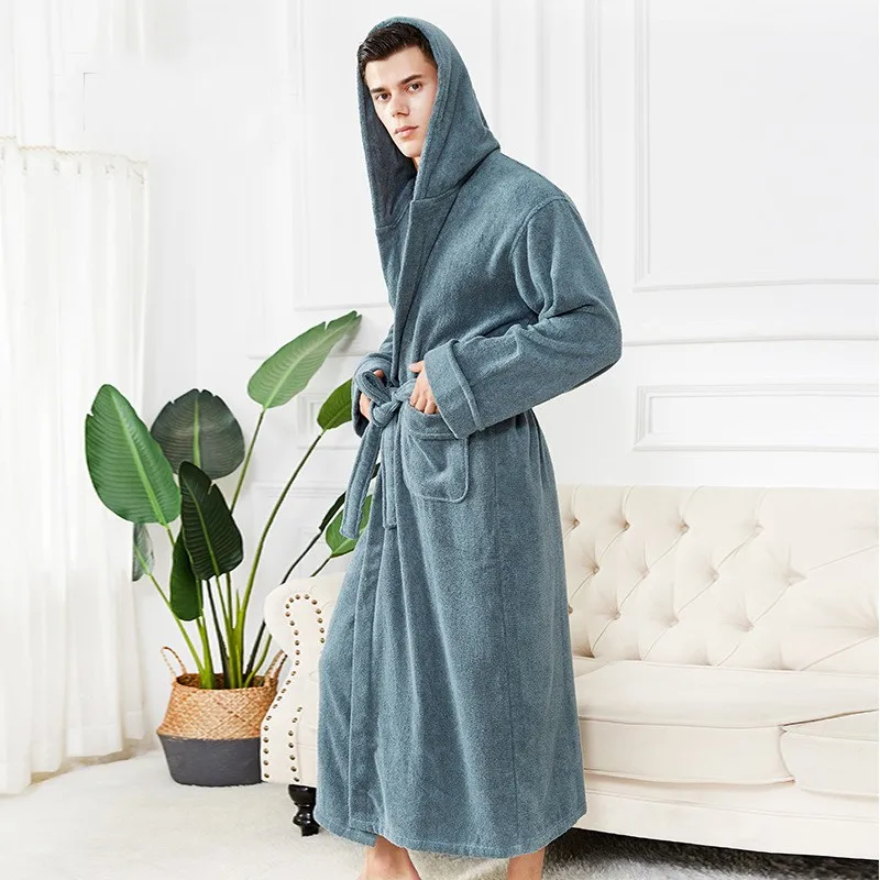 Solid Lengthen Hooded Robe Men Women Winter Toweling Terry Robe Cotton Bathrobe Soft Ventilation Sleeprobe Casual Homewear