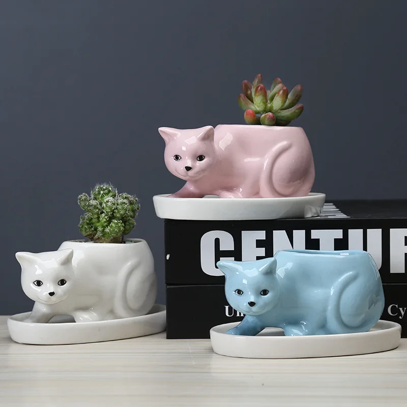 White Ceramic Cat Flower Pot with Tray Creative Kitten Planter for Succulents Plants Mini Bonsai Home Garden Desktop Decoration