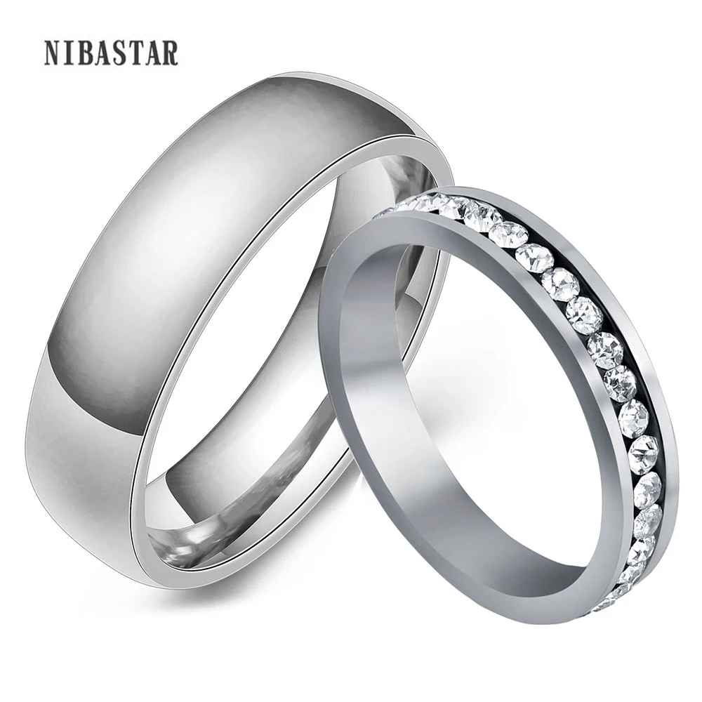 NIBASTAR Fashion White Zircon Couple Rings Stainless Steel Plain Ring For Men Women Wedding Wholesale Jewelry Gift