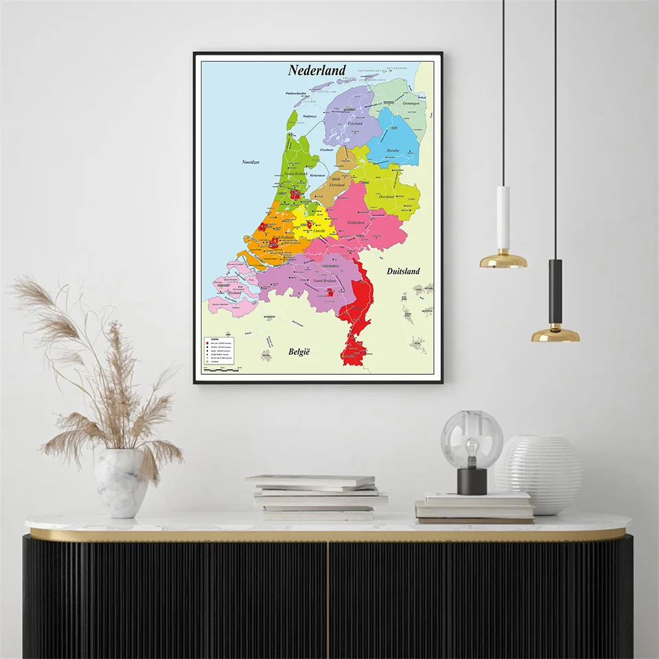 Mapa Holandii w Holendersie 59 * 84 cm Plakat ścienny Ekologiczny obraz na płótnie Pokój dzienny Dekoracja domu Artykuły szkolne