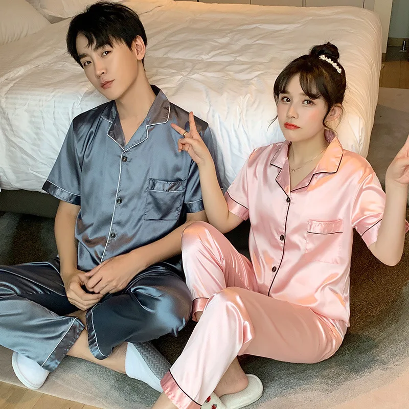 Summer Lovers Pyjama Suit Pajamas Couples Silk Sleepwear Satin Nightgown Women Short Sleeve Pijamas Men Lounge Plus Size Pj Set