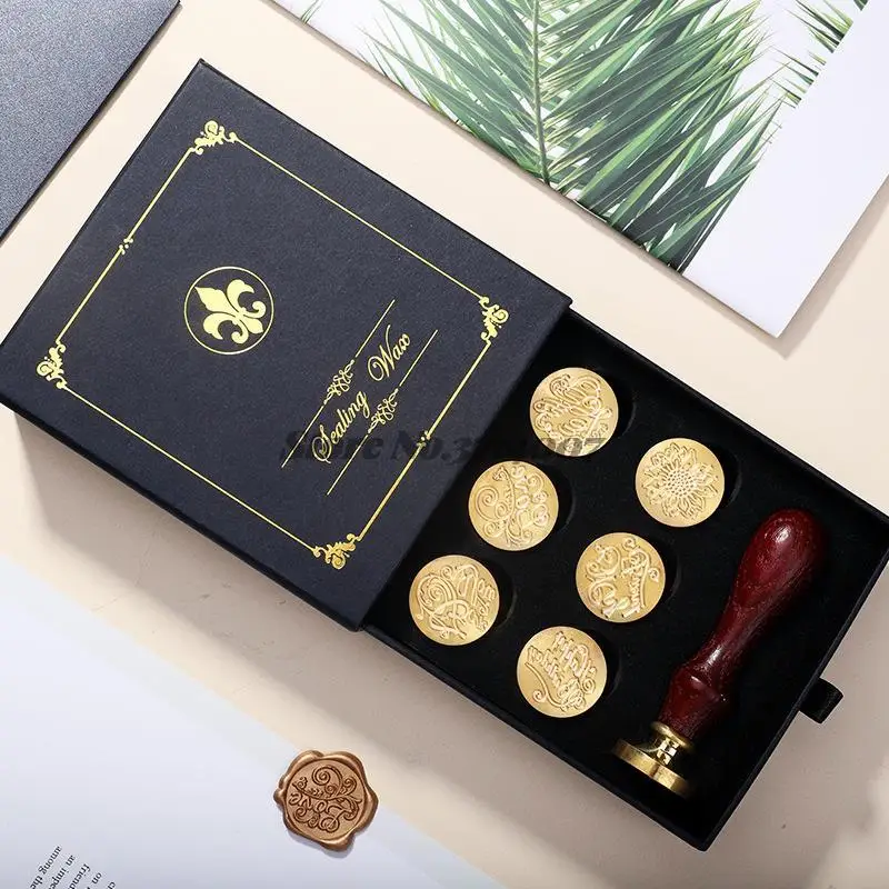 7pcs Head + 1 Wooden Handle Set DIY Wax Seal Box Kit Detachable Stamp Retro Envelope Wedding Packaging Gifts Clear Deutsch