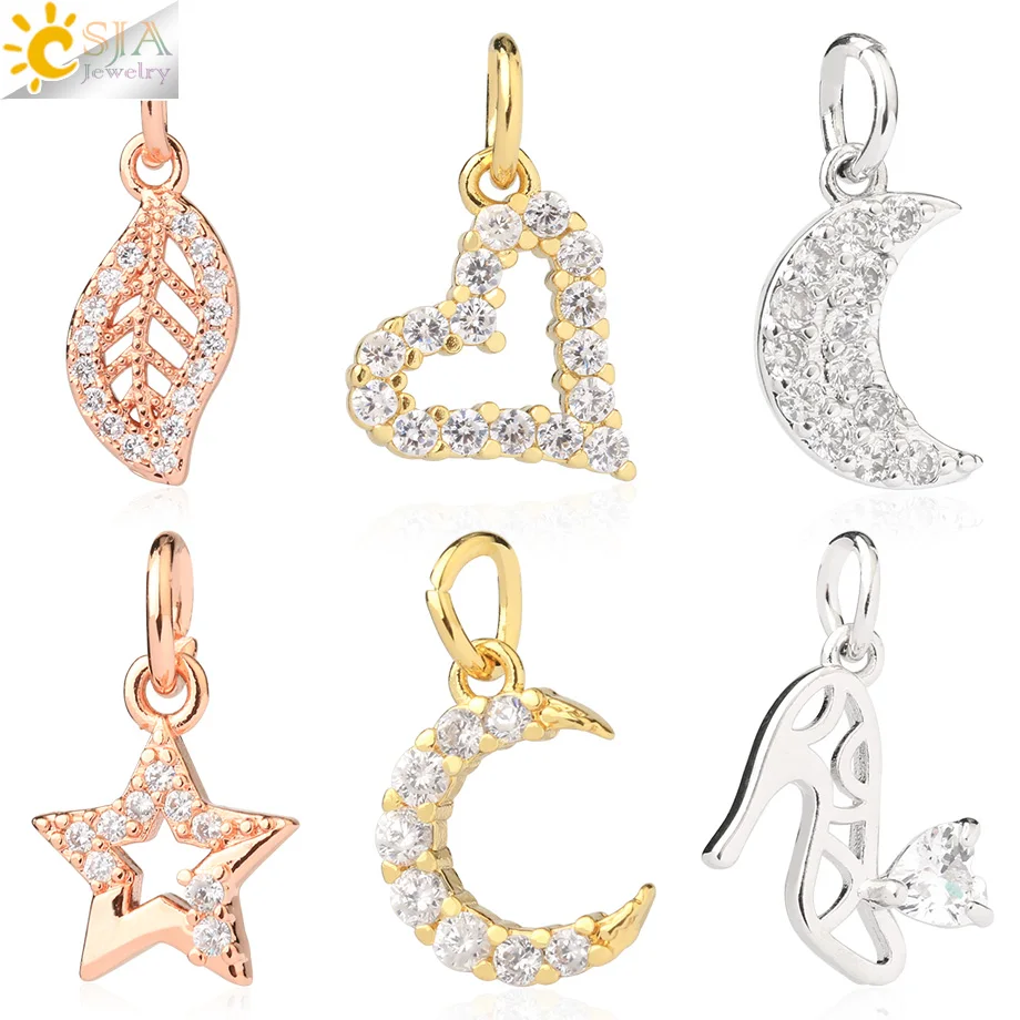 

CSJA Heart Moon Charms for Jewelry Making Gold Silver Color CZ Earrring Keychain Necklace Charms Rhinestone Crystal Pendant S758