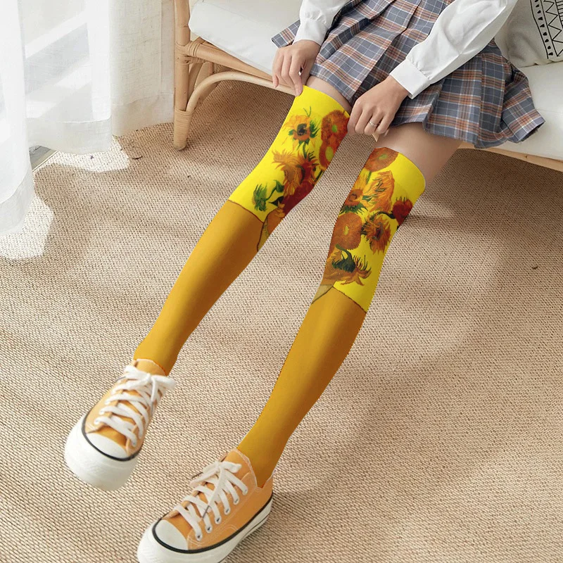 

New Oil Painting Printed Long Socks Women Thigh High Socks Over The Knee Stockings Japanese Lolita Knee High Socks For Girls