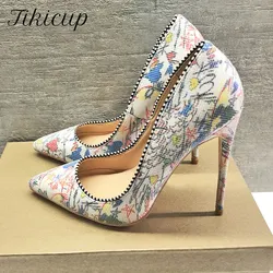 Tikicup 2025 Spring Women Graffiti Printed Stiletto High Heels Pointed Toe Slip On Shallow Pumps Wedding Shoes White Size46