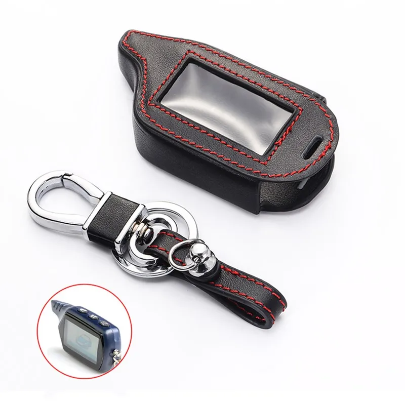 Leather Keychain Key Shell Case Cover holder For Russian Version Starline A91 lcd Two-Way Remote Car Alarm System