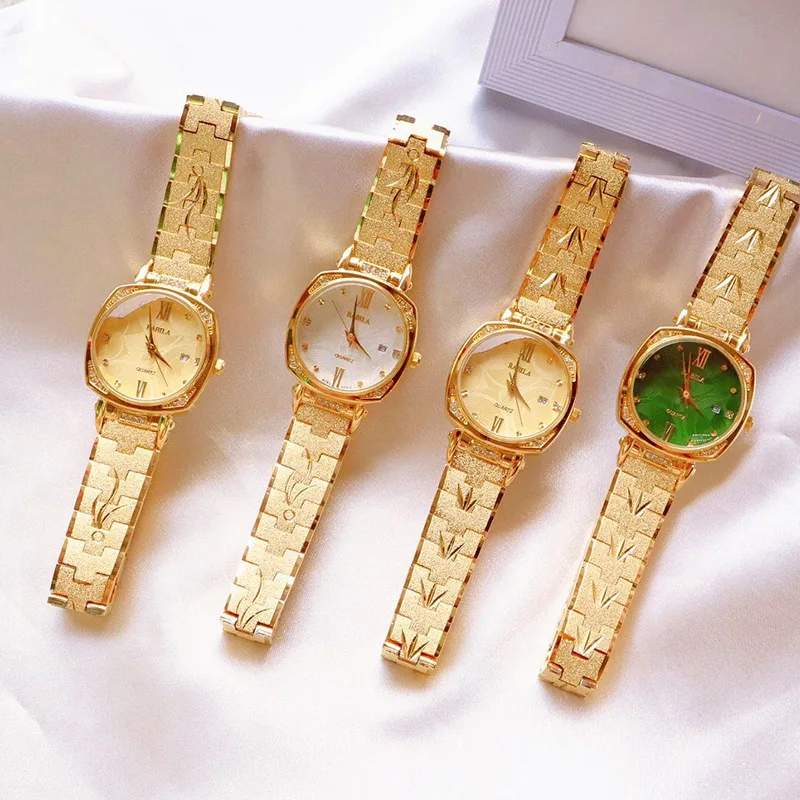 Vietnam Sand Gold Square Retro Temperament Calendar Women Watch Waterproof Quartz Diamond Small Square Luxury Ladies Gold Watch