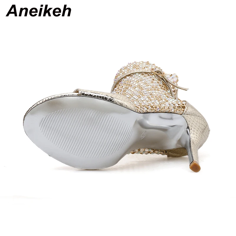 Aneikeh Fashion Spring Gold Glitter Rhinestone Mesh Ankle Sandals Boots High Heels Sexy Booties Peep-toe Pumps Lady Party Shoes