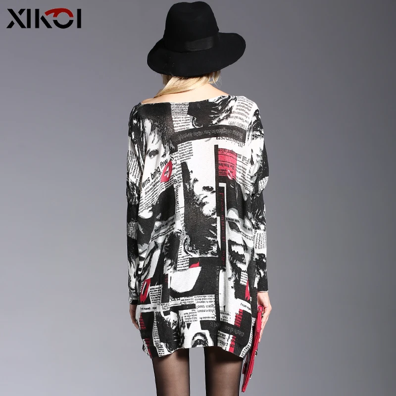 XIKOI Women Oversized Sweater Dress Autumn Pullovers Batwing Sleeve Patchwork Print Slash Neck Pull Femme Knitted Sweaters