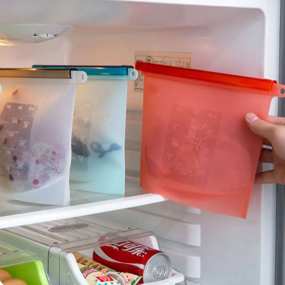 Reusable Silicone Food Fresh Bag Sealer  Fruit Meat Storage Bags Withstand temperature Vacuum Organizer Refrigerator Silica Gel