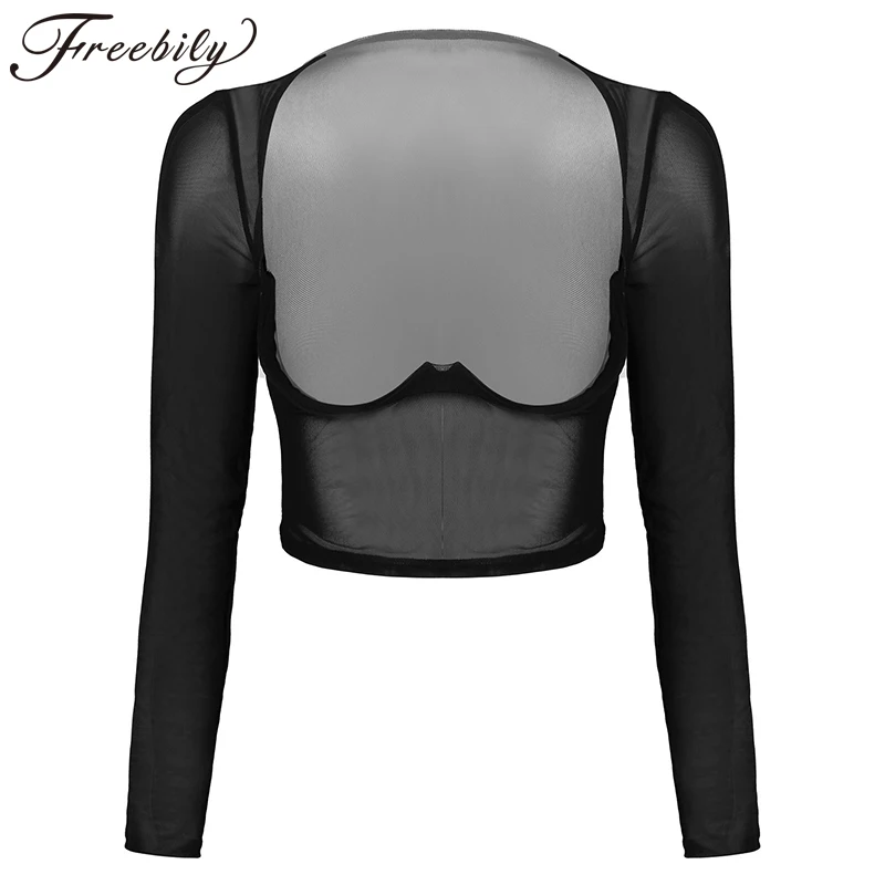 Kobiety przezroczyste siatki fiszbiny krótki Top z długim rękawem otwarty kubek T-shirt topy Sheer Leotard Tees bielizna kostiumy na klub nocny