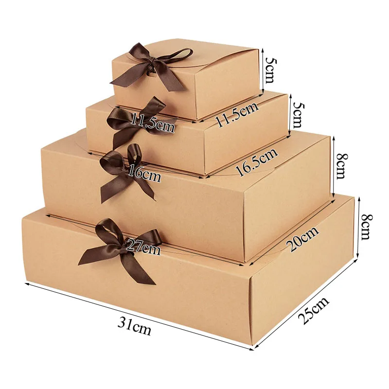 1pc Big Kraft Paper Gifts Box White/Brown Kraft Carton Packaging Boxes With Bow Wedding Birthday Party Candy Package Supplies