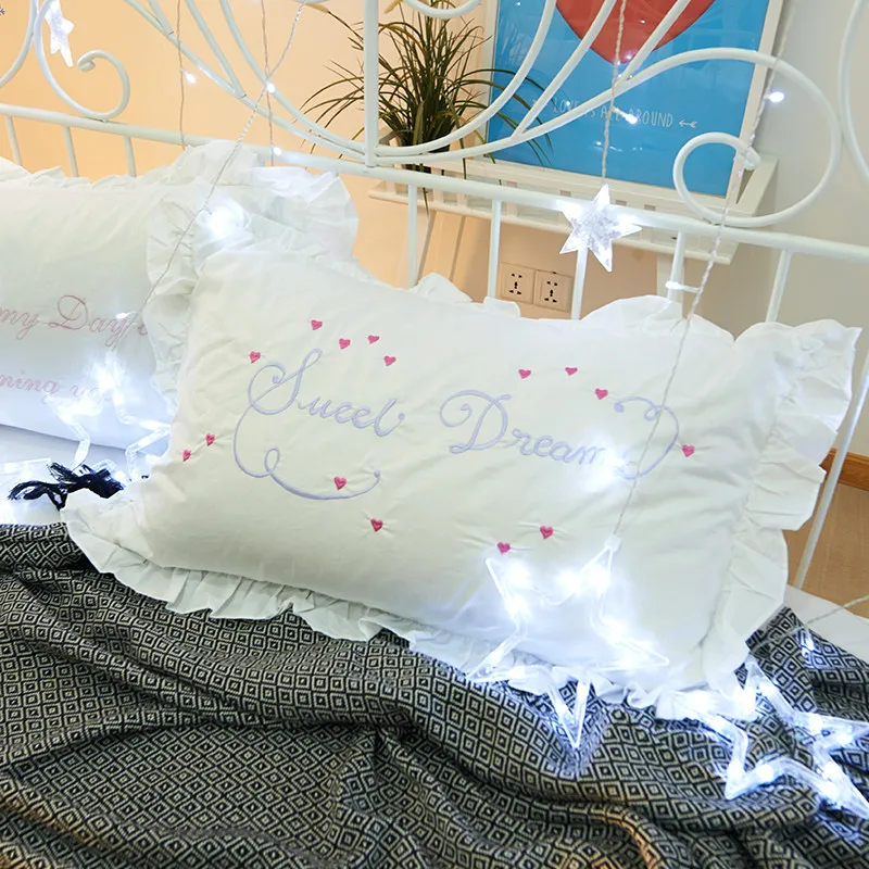 Sweet Dream Embroidery Ruffles Pillow Case Cover Home Decor White Pillow Sham For Princess Bedding Sleeping 48x74cm