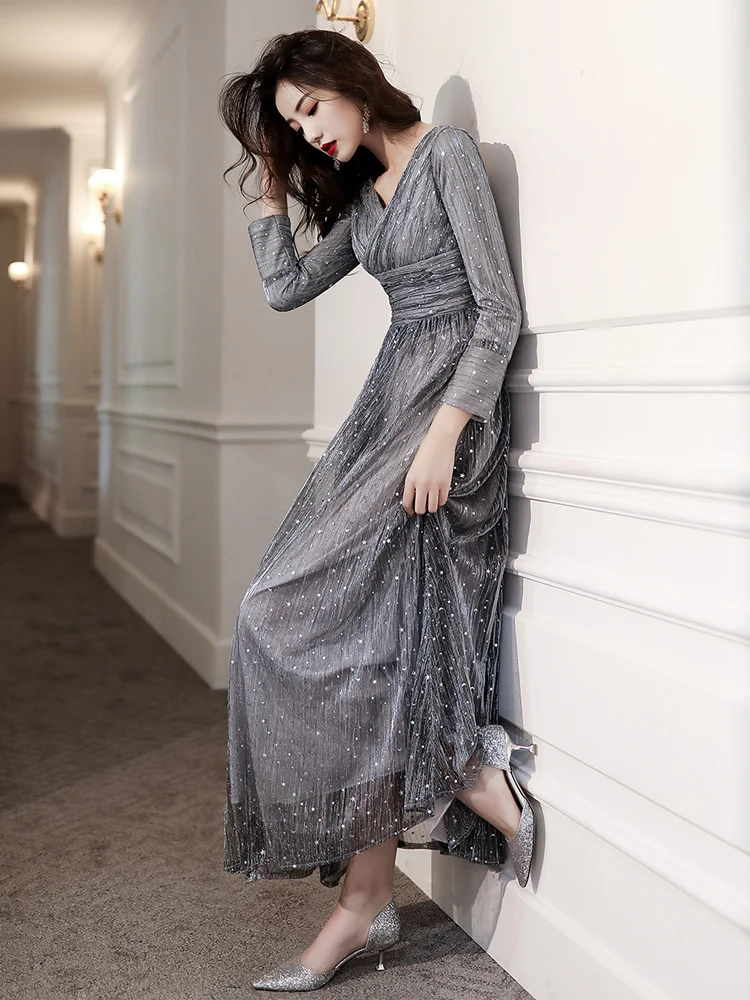 Grey Avondjurk 2020 Nieuwe Mode Sexy V-hals Volledige Mouw Prom Party Dress Shining Pailletten Banket Jurken Vestido De Festa