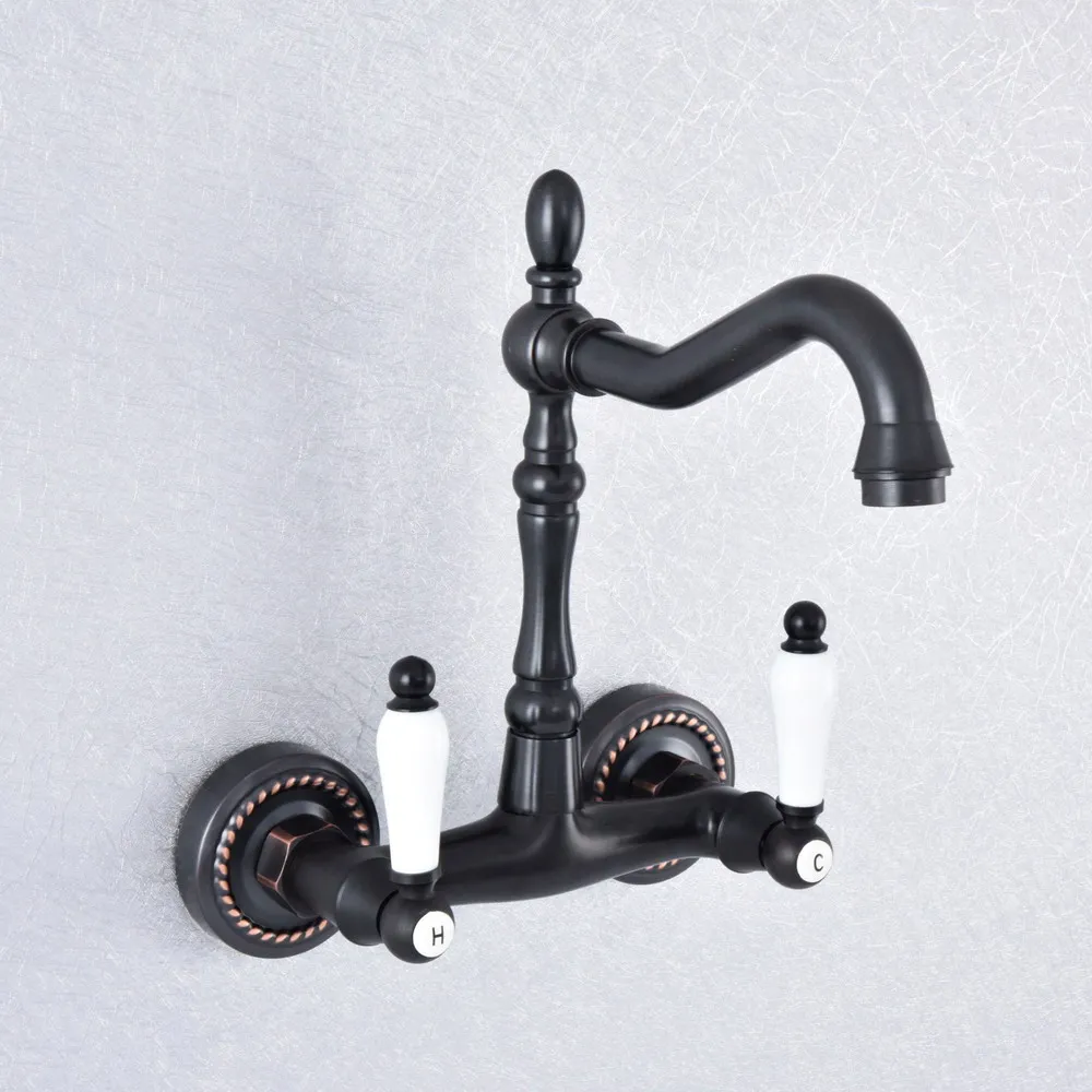 

Oil Rubbed Bronze Dual Handles Bathroom Kitchen Sink Faucets Wall Mounted Swivel Spout Two Holes Kitchen Mixer Taps Nsf752