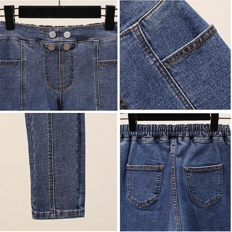 Plus size estiramento jeans feminino 2024 primavera outono grande elástico de cintura alta denim lápis calças oversized na moda feminina