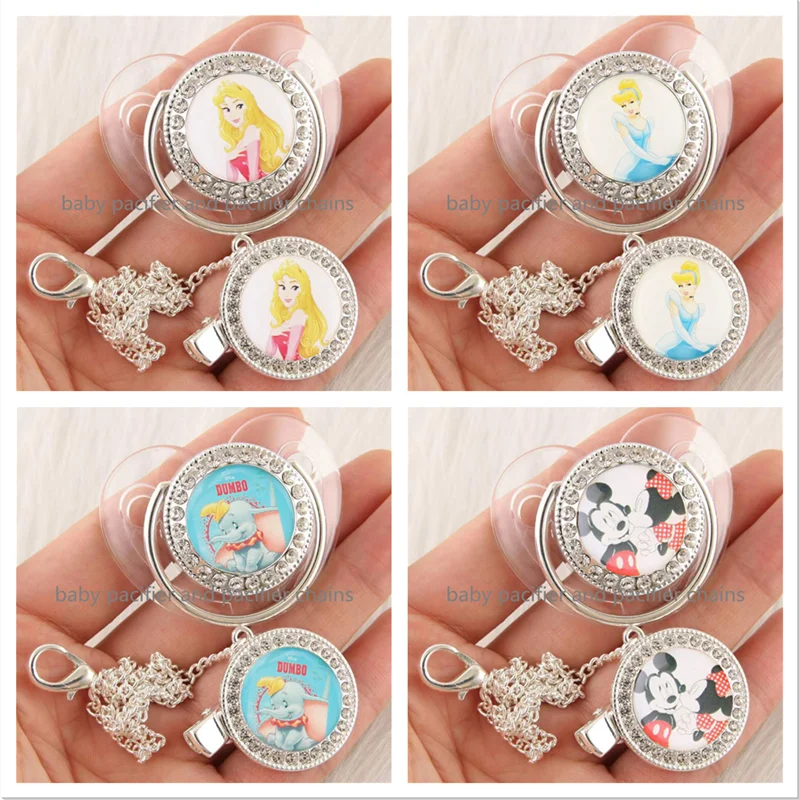 1set Disney Cartoon Silver Transparent Baby Pacifier with Clip Newborn BPA Free Luxury Bling Tetine Bebe and Pacifier Clips