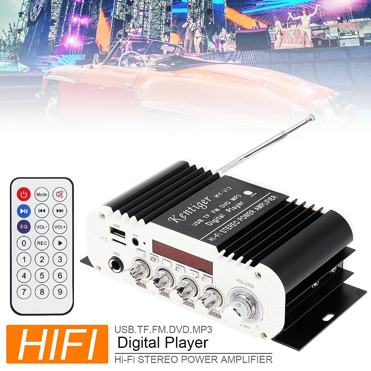 

V12 Bluetooth-compatible HI-FI 2.1CH Car Audio High Power Subwoofer Amplifier FM Radio Player Support SD / USB / DVD / MP3