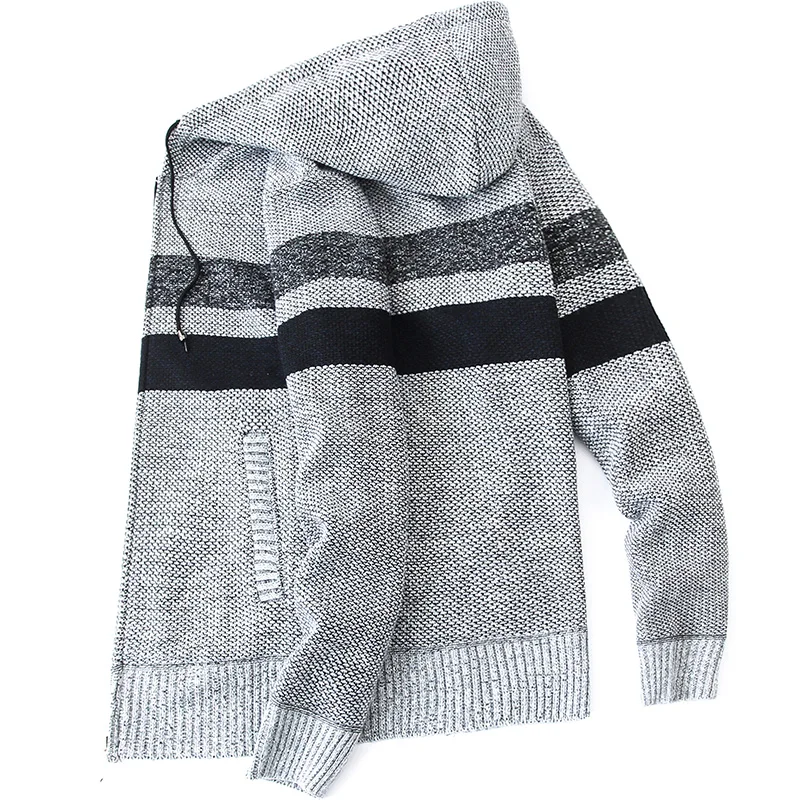 Men's Jacket Winter Hoodie Pullover Zipper Cardigan Warm Wool Fashion Stripe Coat Fleece Sweater