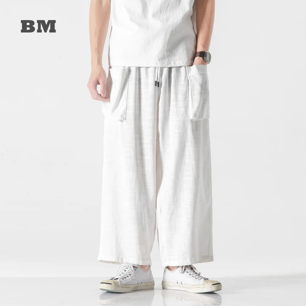 

2021 Chinese Style Linen Plus Size Casual Wide Pants Male Harajuku Hakama Tai Chi Kung Fu Trousers Men Clothing Oversized Hanfu