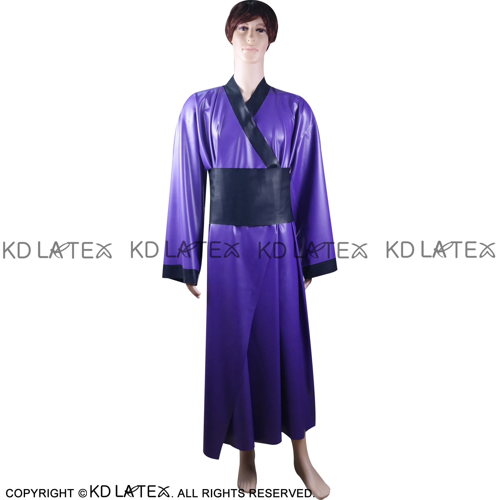 Purple And Black Japanese Sexy Latex Kimono With Obi Band Belts Robe Rubber Dressing Gown Pajamas YF-0014