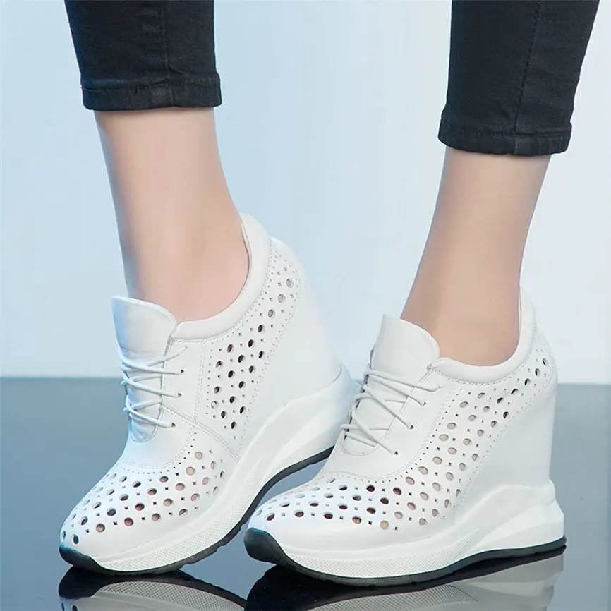 

Vulcanized Shoes Women Lace Up Cow Leather Wedges High Heel Fashion Sneakers Female Travel Walking Shoes Ladies Vulcanized Shoes