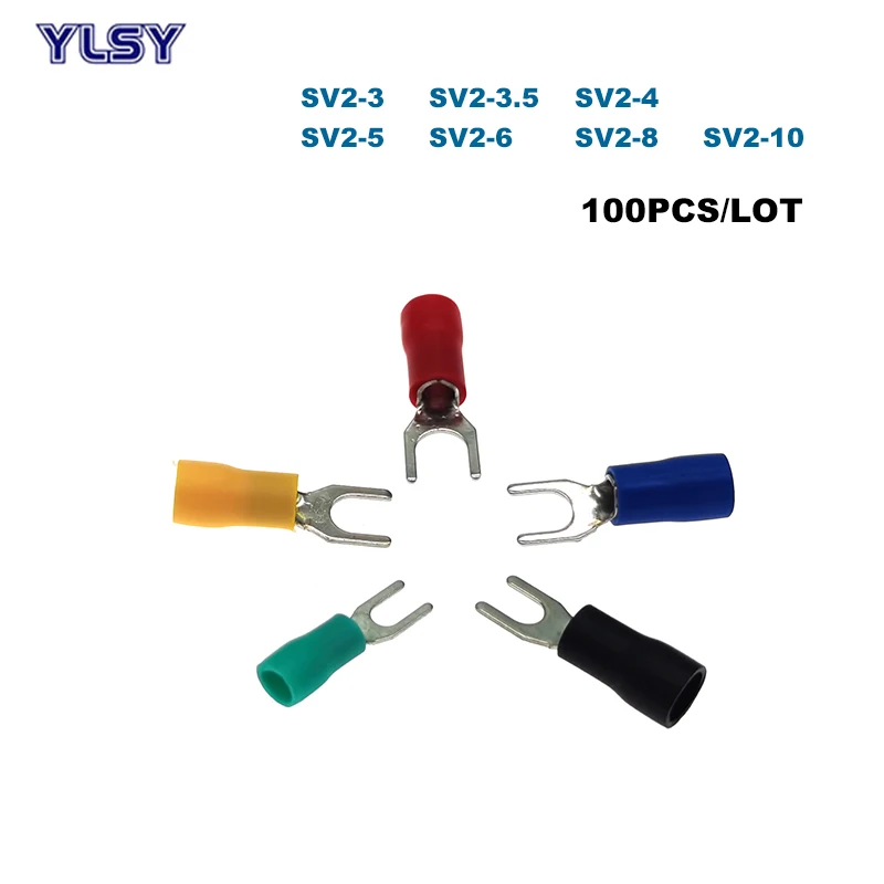 

100Pcs Spade Insulated Crimp Terminals Electric Wire Cable Connector SV2-3/3.5/4/5/6/8/10 Furcate Ferrules 16-14AWG 1.5-2.5mm2