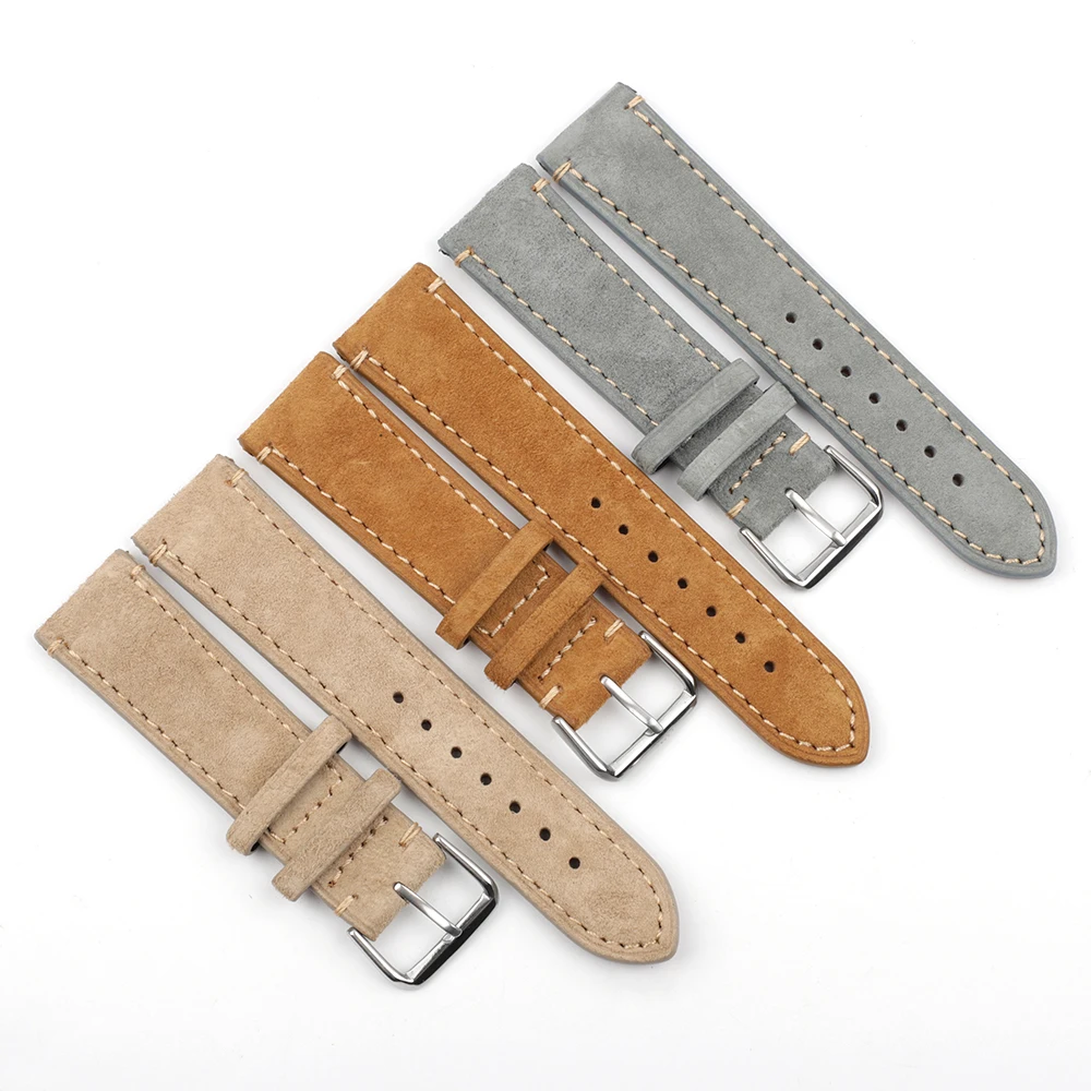 Vintage Suede Watch Strap 18mm 20mm 22mm 24mm Handmade Leather Watchband Replacement Tan Gray Beige Color for Men Women Watches