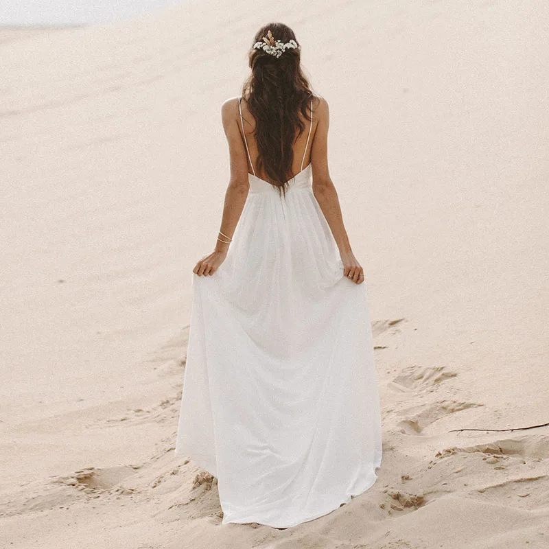 Boho chiffon praia vestidos de casamento espaguete decote em v chiffon vestidos de noiva alta divisão branco vestido de festa à noite robe de mariée