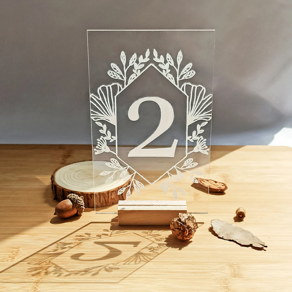 Custom Plexiglass Table Number Signs with Wooden Stand Wedding Table Numbers Wedding Place Cards Wreath Calligraphy Party Decor