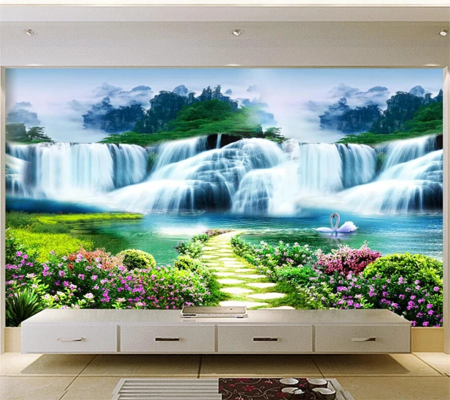 wellyu Customized large murals, fashion home decoration, flowers, small roads, waterfalls, landscapes, backgrounds, wallpaper