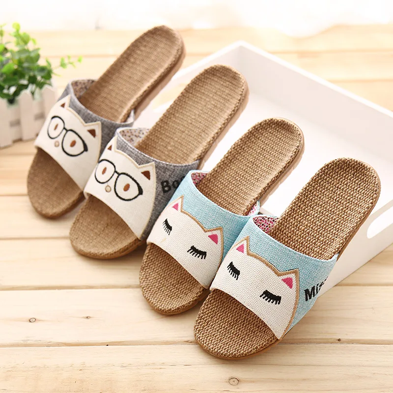 Slippers Women Fashion Bohemia Cartoon Cat Flax Linen Flip Flops Beach Shoes Sandals Casual Woman Non-slip Flats Female Slippers