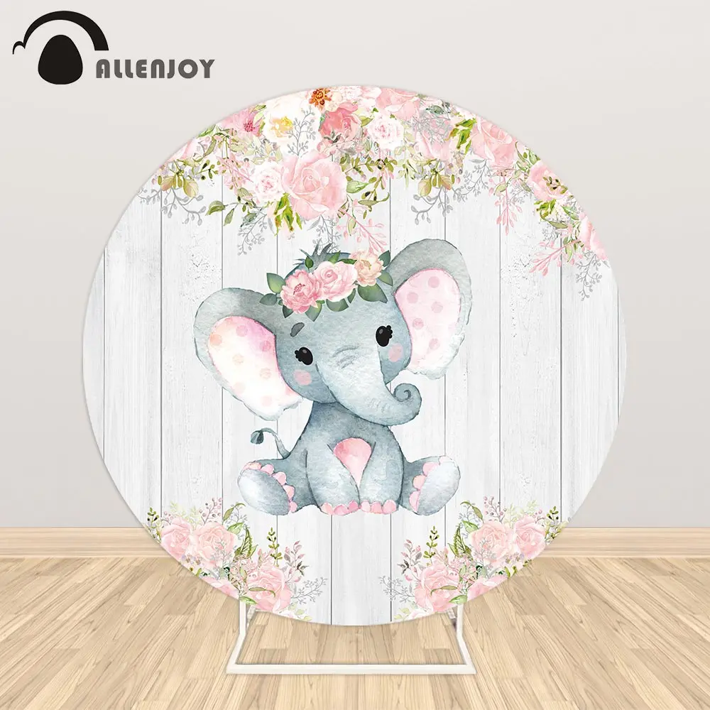 

Allenjoy Wood Elephant Photography Backdrop Elastic Baby shower Round Background Pink Flower Decoration Photocall Photo Studio