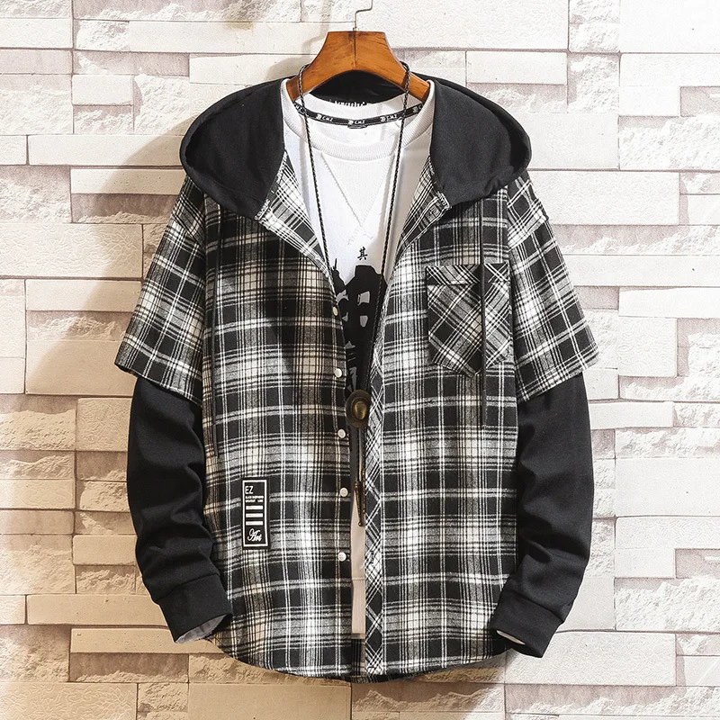 Autumn 2024 Hood Plaid Shirt Men Long Sleeves Fashion False Two Piece Loose Streetwear Casual Shirts For Men Plus Size