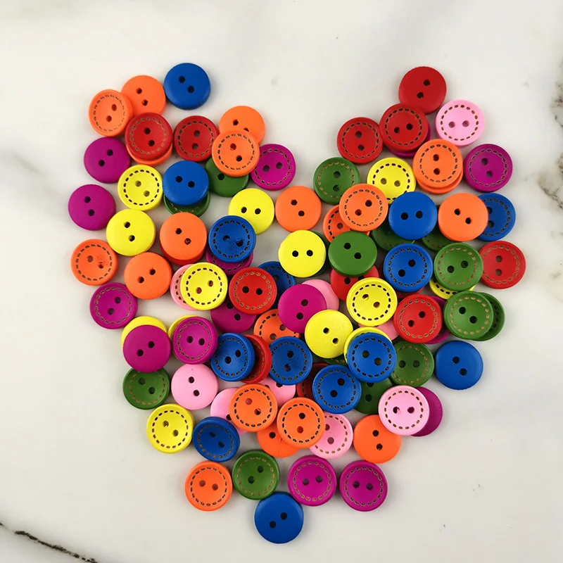 (100 Pcs) 2 Holes Mixed Colors Wood Buttons Maker For Craft Round Sewing Scrapbook Handwork DIY Home Decoration Point Design