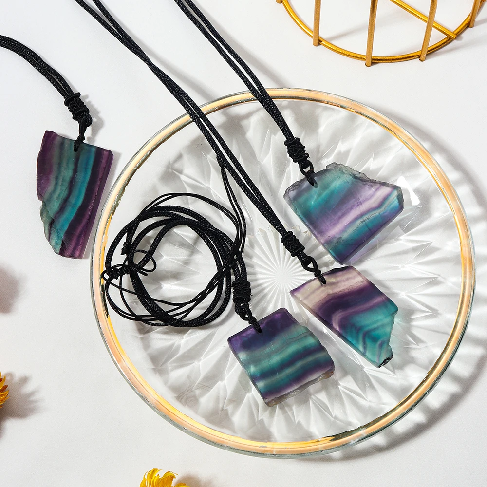 Natural Crystal Rainbow Fluorite Pendant Colorful Irregular Shape Crystal Slice Raw Quartz Necklace For Women Gift