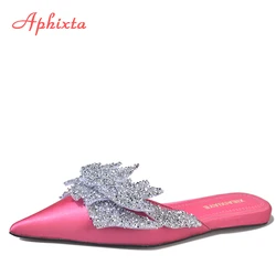 Aphixta  Appliques Crystals Silk Women Slippers Fashion Mules Rose Red Flat Heel Autumn Flowers Pointed Toe Slides