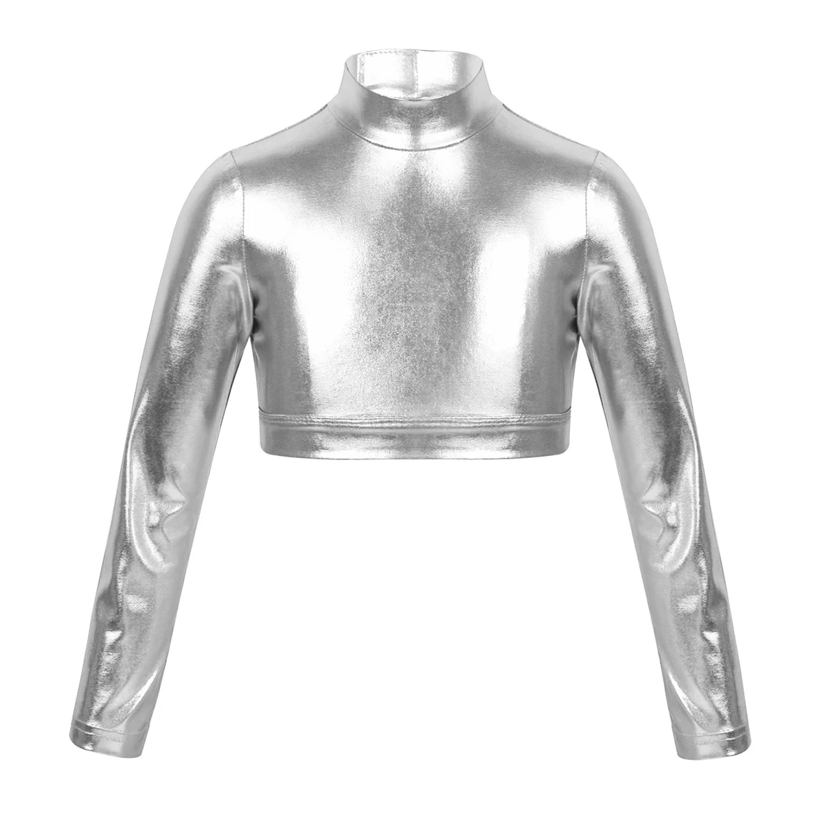 

Children Girls Glossy Metallic Tops Long Sleeves Mock Neck Pullover Crop Top for Hip Hop Jazz Dancing School Stage Performance