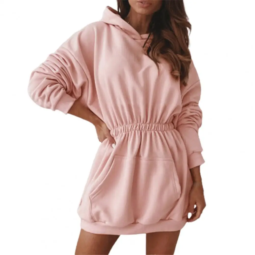 

Lady Dress Solid Color Hooded Elastic Waist All Match Spring Dress for Daily Wear