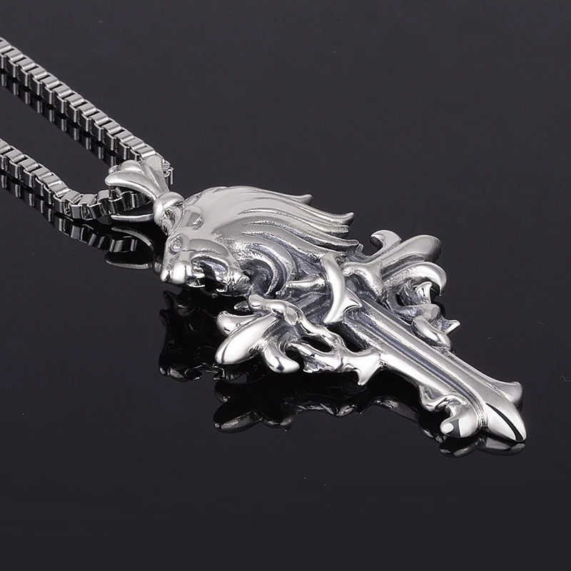 FINAL FANTASY VIII Lion Head S925 Sterling Thai Silver Cross Pendant Necklace FFVIII Cosplay Accessory Jewelry Birthday Gifts