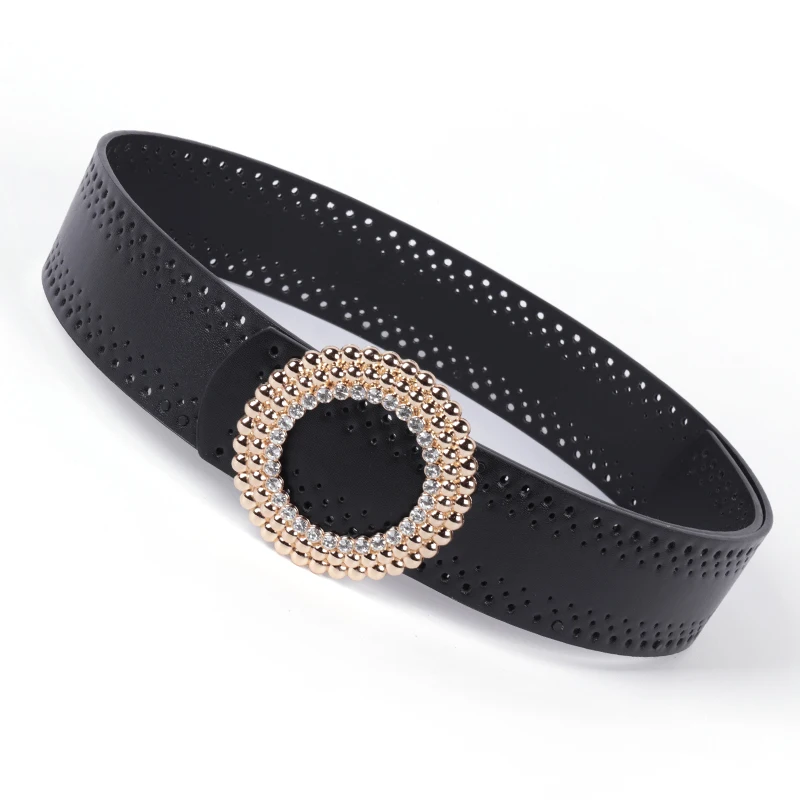 

Cutout Gold Crystal Circle Buckle Belt Black Wide Faux Leather Belts for Women Waistband lady Dress Jeans Cinturones Para Mujer