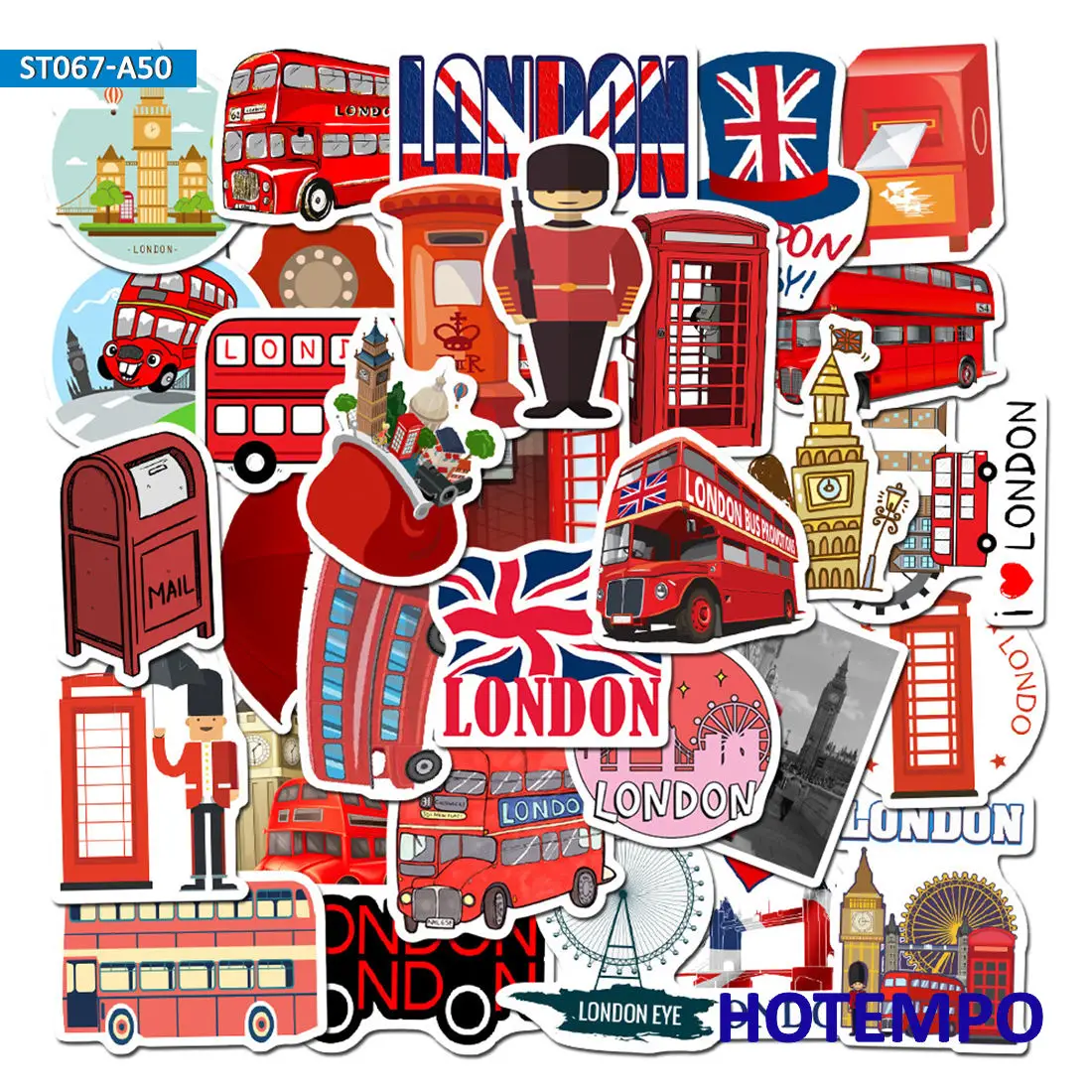 50pcs Red London Cultural Landmark Travel Style Cartoon Decal Stickers Pack for KIds DIY Stationery Phone Laptop Luggage Sticker